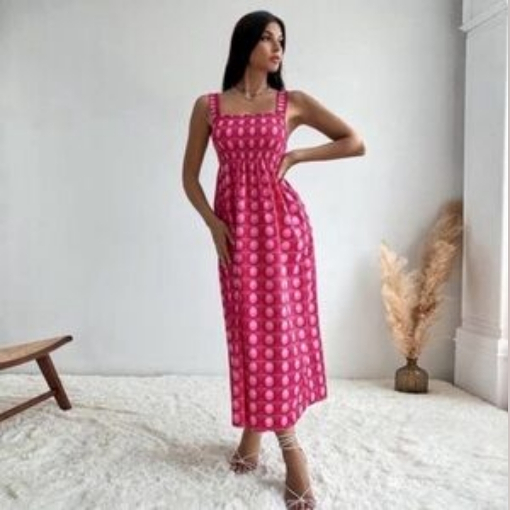 Zara Pink Patterned Sleeveless Dress Smocked Bodice Midi/Maxi